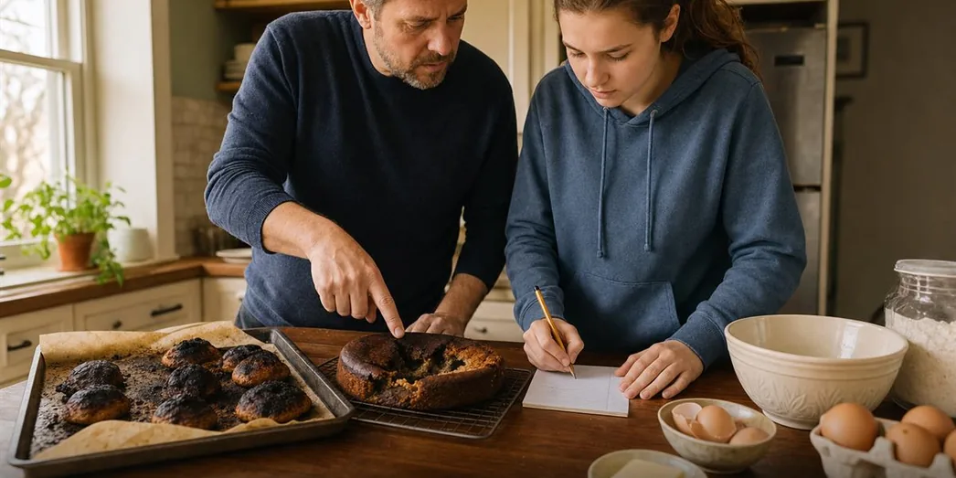 Illustrative scene of a parent and teen studying a burned baking attempt before starting again