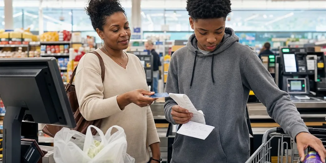 Illustrative scene of a parent handing her teen a payment card and receipt at a grocery checkout