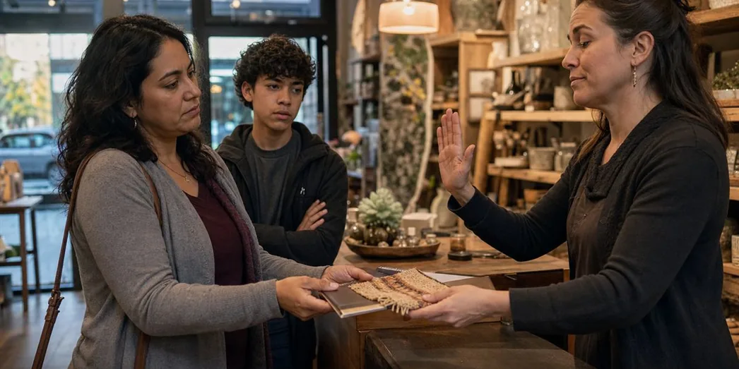 Illustrative scene of a shop owner returning a product and saying no while the seller's teen watches