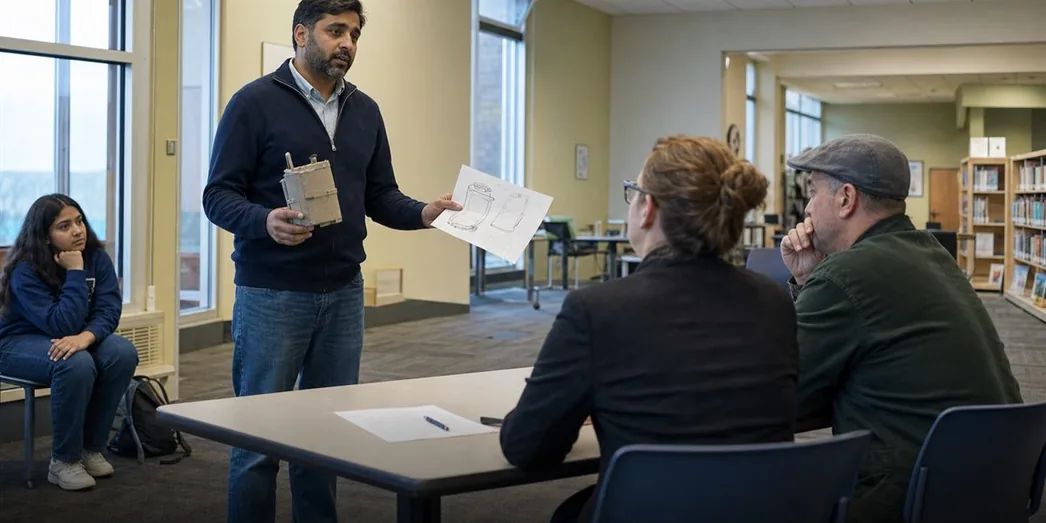 Illustrative scene of a parent pitching an unproven idea while his teen watches