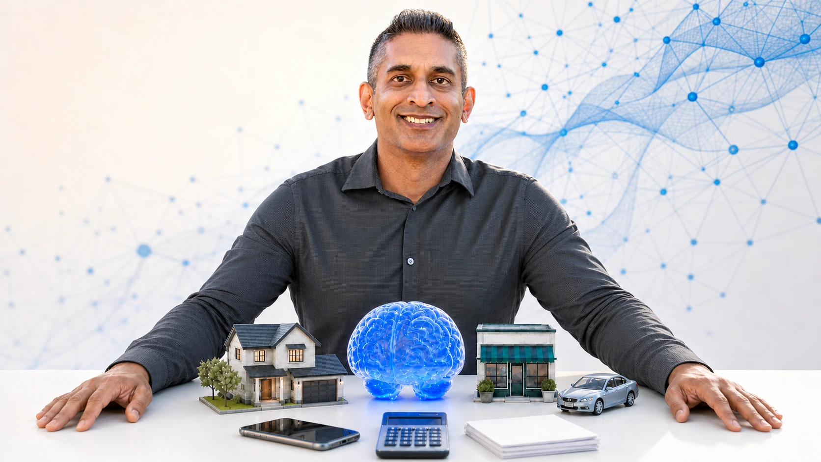 Jay Bhakta facing forward with his arms around a miniature home, business, car, records, and a glowing blue brain